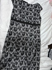 Chaps Size 14 Dress Black White  Floral Lace EUC