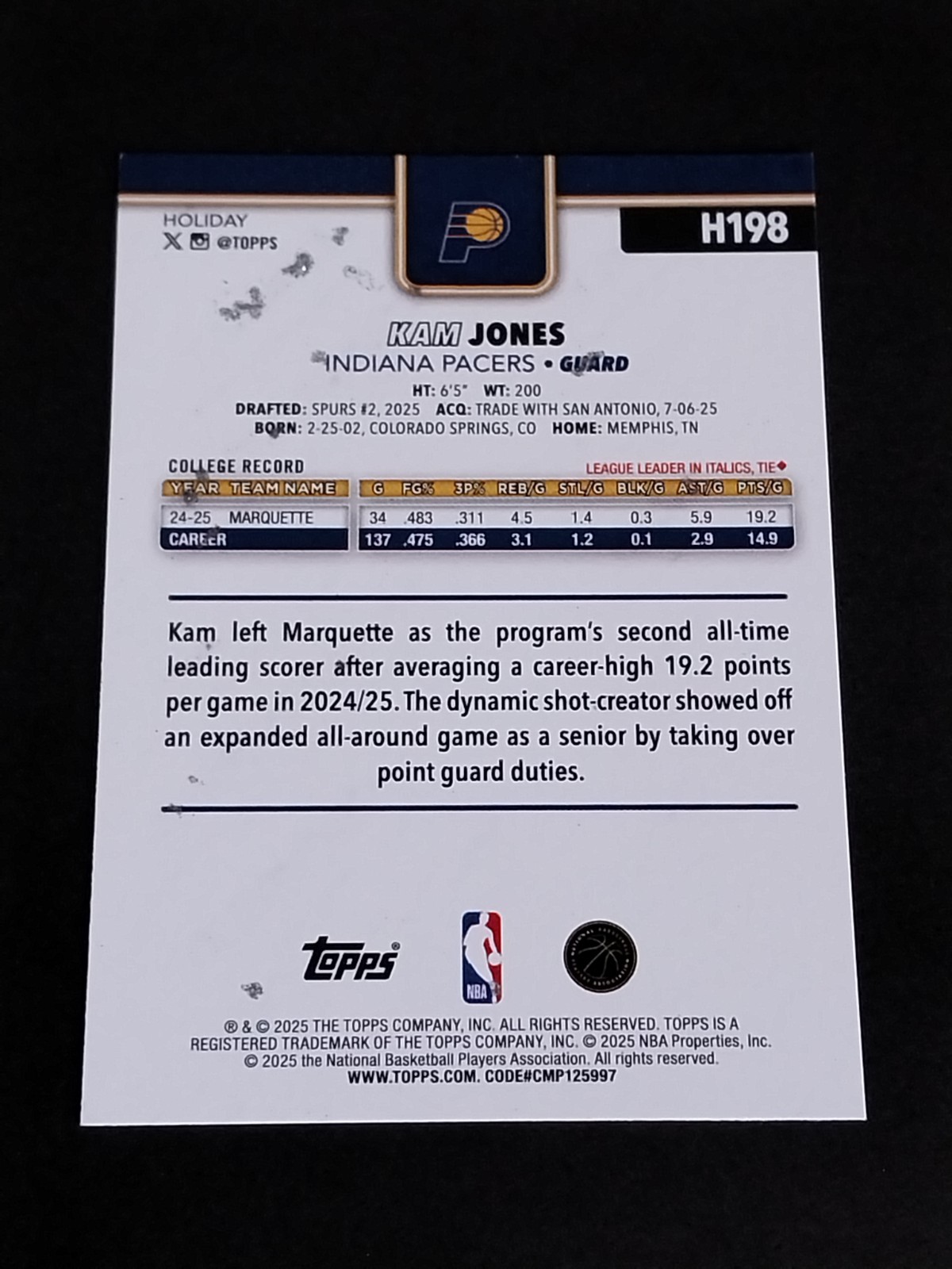 KAM JONES RC 2025 Topps Holiday Basketball NBA Rookie Glitter Foil #H198 Pacers