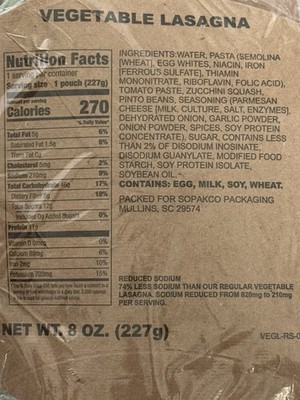 ***MRE APack Reduced Sodium Individual Single Meal Vegetable Lasagna