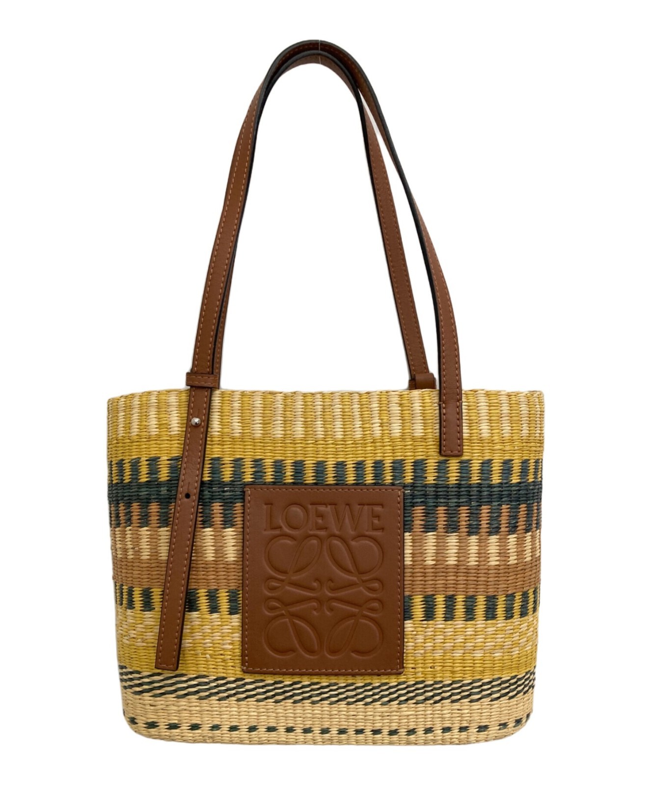 LOEWE Anagram Basket Tote Sholder Bag Square Leather Handle Brown Woven Palm
