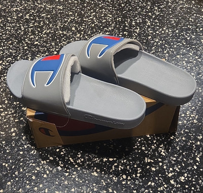 Champion IPO Men's US 13 Slide Sandals Slip-On Solid Gray Leather Logo
