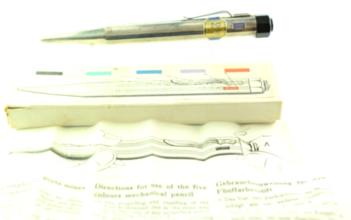 VINTAGE SILVER PLATED FIVE COLORS PROPELLING PENCIL ORIGINAL BOX&PAPER - NOS - Picture 1 of 8