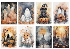 Set of 8 Watercolor Halloween Collage 2 Journaling STICKERS - Just Cut  Use 