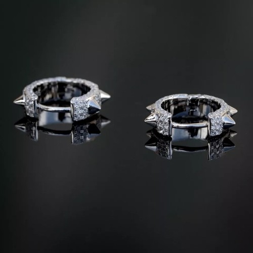 14K White Gold Plated Men Punk Huggie Hoops Earring 2 Ct Round Simulated Diamond - Picture 3 of 6