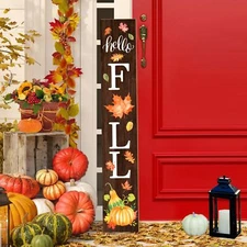 Hello Fall Welcome Sign for Front Porch Standing Wooden Porch Sign with Leave...