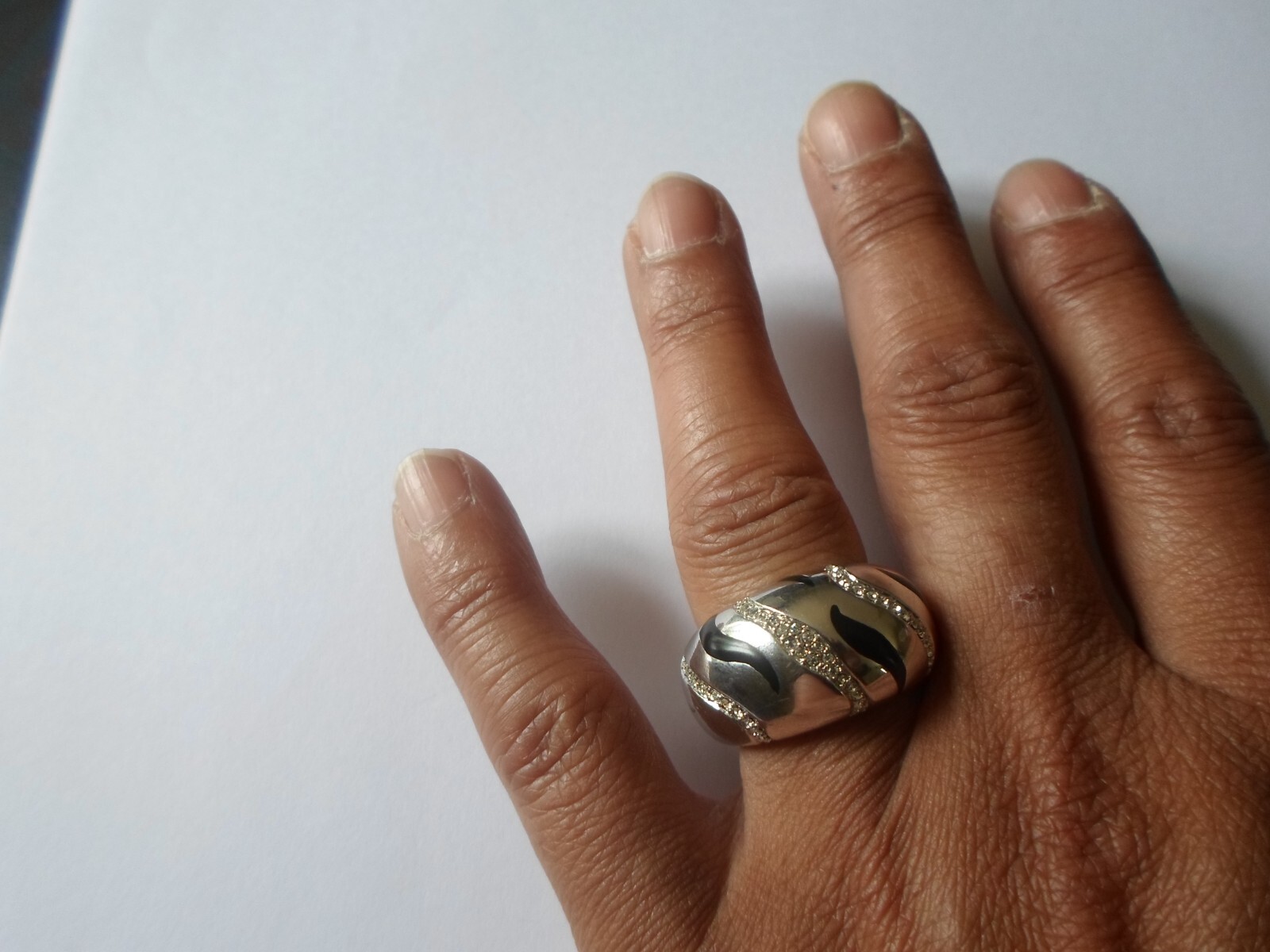 solid silver ring, dome, black and zirconium edge… - image 1