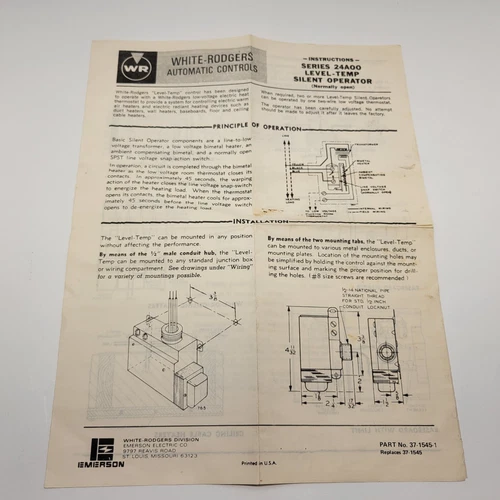 VTG Emerson White Rodgers Series 24A00 Level Temp Silent Op Instructions Manual