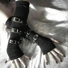 Women's Punk Long Fingerless Gloves Gothic Bracers Arm Warmer Buckle Mittens