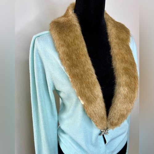 Vintage Spiegel faux fur trim pinup long sleeve cardigan rhinestone detail small - Picture 2 of 11