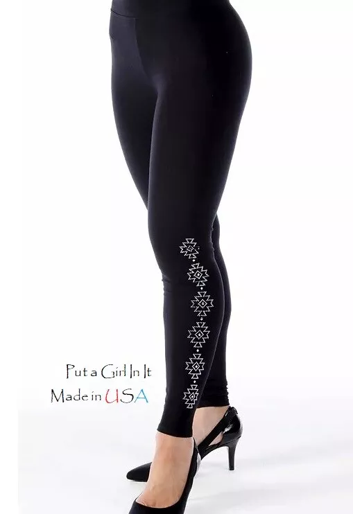 USA New LIBERTY WEAR Womens BLACK RHINESTONE AZTEC DIAMOND LEGGINGS S M L  XL 2X