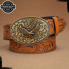 Mens Cowboy Leather Belt Buckle Vintage Western High Quality Eagle Strap Brown