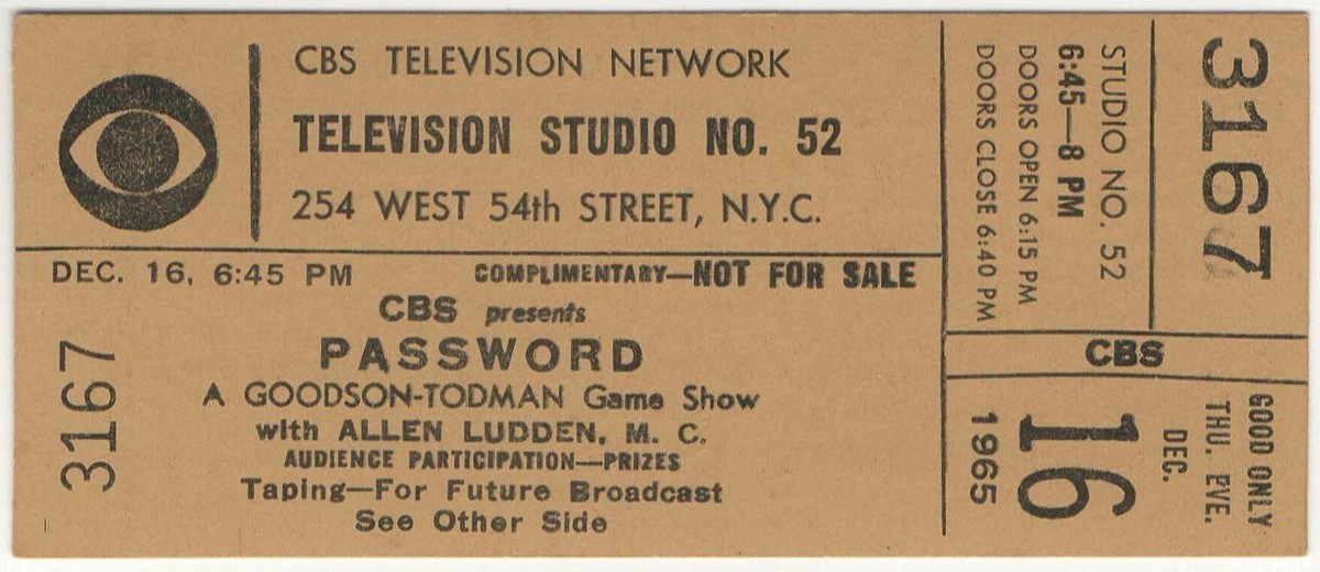 1965 CBS Presents PASSWORD ticket New York Television Studio ALLEN LUDDEN  12/16