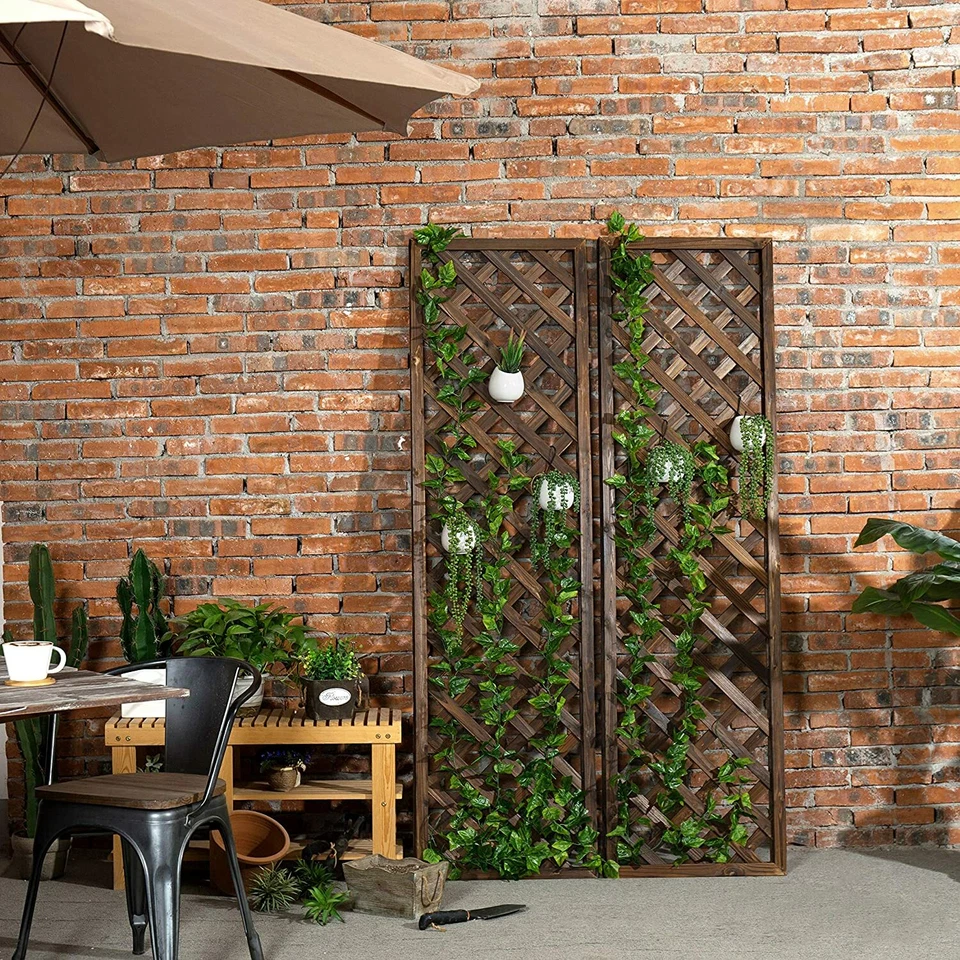 Enrejado de jardín de madera marrón montado en la pared, mampara para plantas de celosía, juego de 2 Foto 2 de 4