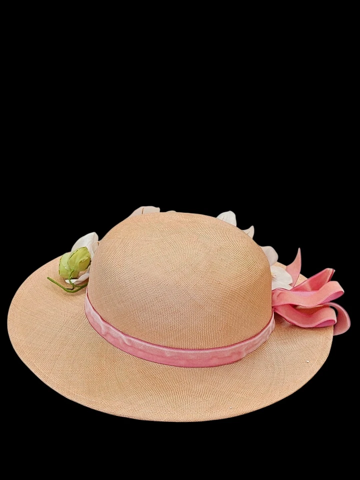Vintage Adolfo II Wide Brim Straw Floral Hat  Pink Velvet Ribbon White Flowers  - Image 4 of 4