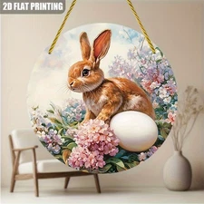 2D Flat,1pc Vintage Rabbit Floral Round Aluminum Wall Art - 2D Flat Mini Animal