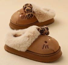 Hello Kitty Leopard Bow Clogs Slippers Brown Suede Fuzzy Fur Winter Shoes 40-41