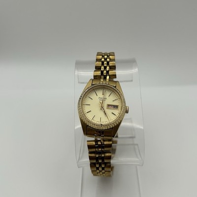 Vintage Pulsar (Seiko) Quartz Gold Tone 23.4mm Women's Day/Date Watch New Batter