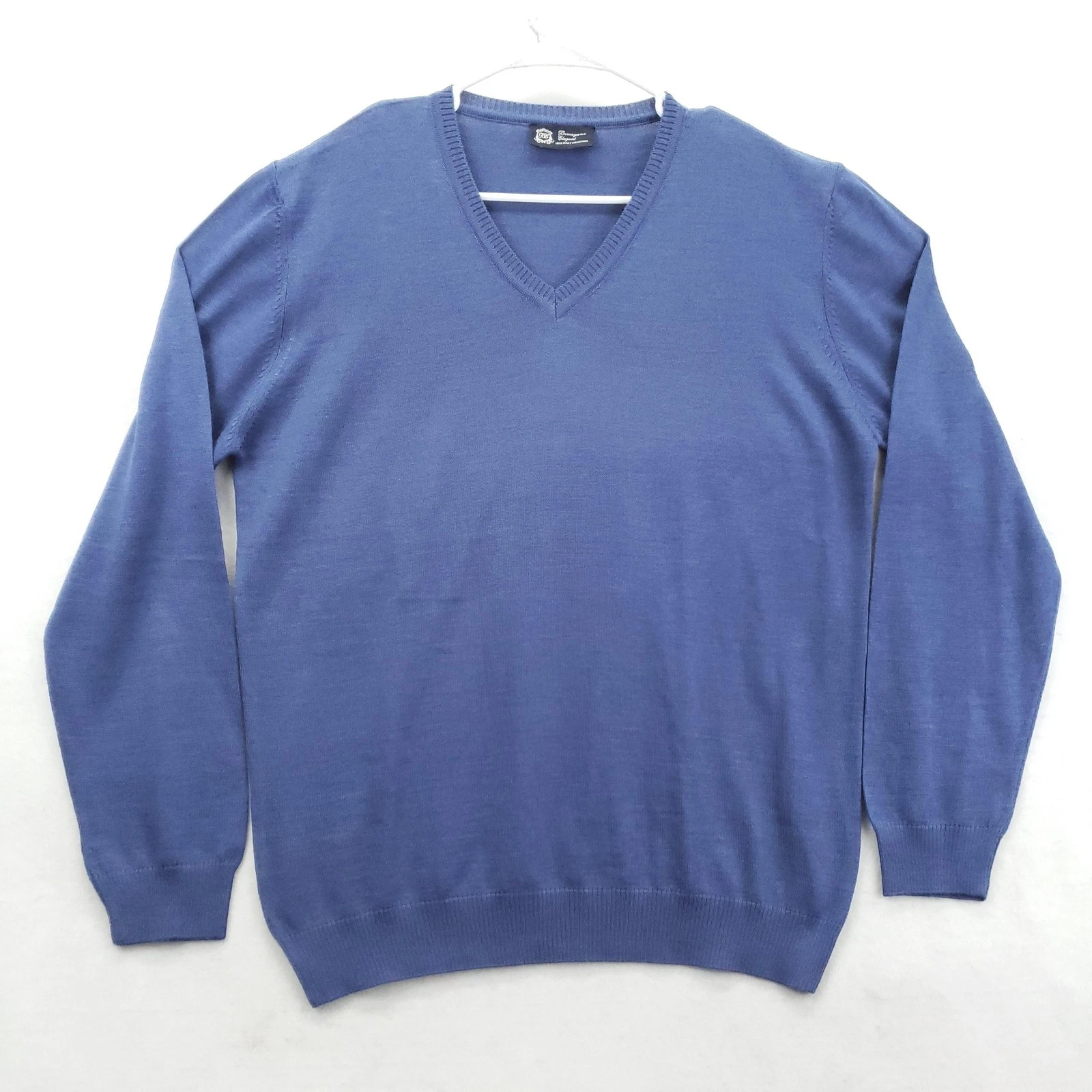 Berragamo Elegant Sweater Mens 2XL Blue V Neck Wool Slim Fit Luxe Italy