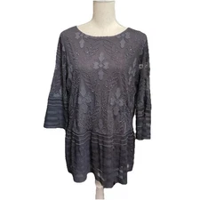 LOGO Lavish By Lori Goldstein Gray Lined Embellished Embroidered Blouse Sz Small