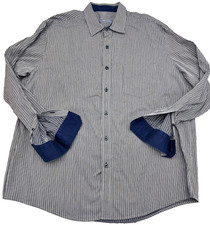 Tasso Elba Men  s XL 17-17.5  Blue Silver Stripe Flip Cuff Button Long Sleeve