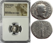 NGC : Titus - Rostral Column 79-81AD / Roman Denarius Coin / NGC F / New Holder