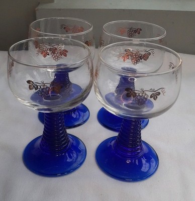 Vintage 4er Set Luminarc Frankreich Kelche vergoldet Weinrebe & Kobalt Bienenstock Stiele