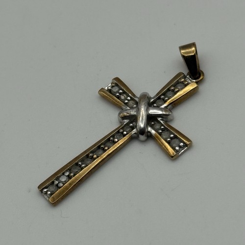 Two Tone Yellow & White 9ct Gold 0.25CT Diamond Cross Pendant 4mm Loop 9K Gold - Picture 2 of 13