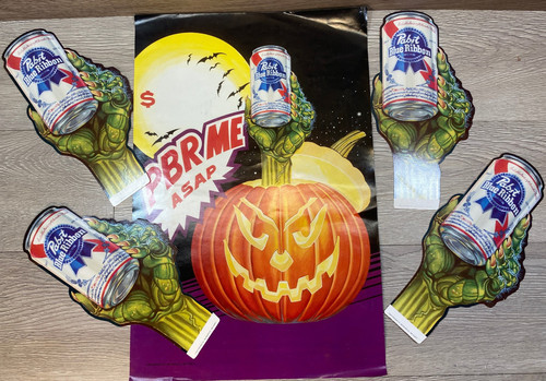 Vintage 1992 Pabst Blue Ribbon Beer Advertising Halloween Pumpkin Poster Lot