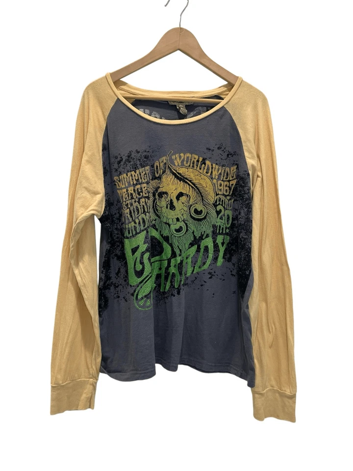 Camiseta de béisbol vintage Y2K gris y amarillo unisex adornada Ed Hardy manga larga Foto 2 de 4