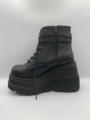 Demonia Shaker 52/BVL Black Vegan Leather Zip Up Platform Boots