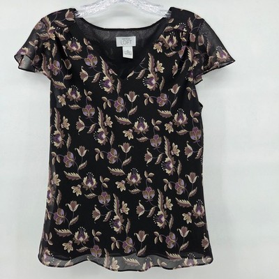 Ann Taylor LOFT Floral Blouse Small Black Flutter Sleeve Vintage Y2K Whimsygoth
