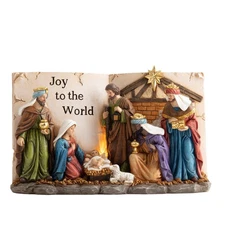Christmas Nativity Set with Lights, Large Red Gold Holy Family Nativity Scene...