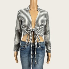 BooHoo Size 2 Blue White Railroad Stripe Wrap Style Tie Front Crop Top Shirt