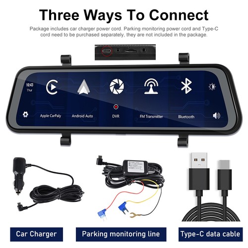 9.66" Touch Screen Dash Cam Car Wireless Apple CarPlay Android Radio DVR GPS - Picture 2 of 24