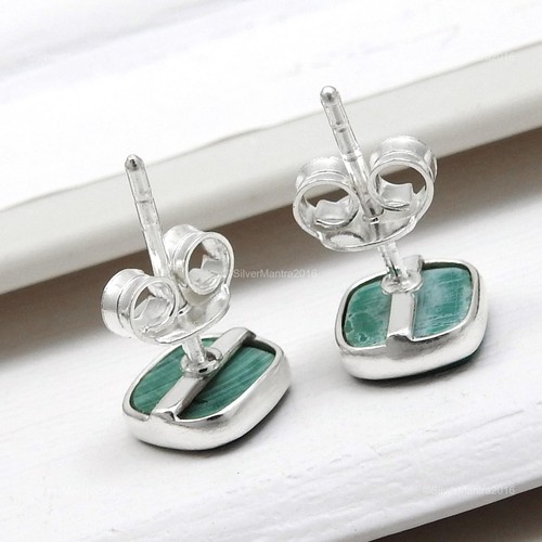 Natural Malachite Stud Heart Chakra Earrings 925 Silver Wedding Gift - Picture 5 of 9