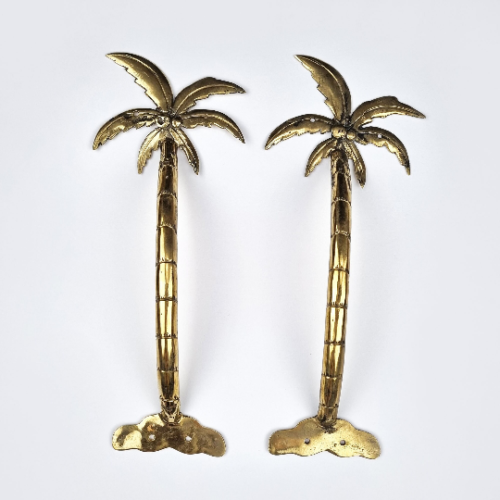 2 thin brass large PALM Tree Leaves 13" inch long  pair trunk door pull handle B - Zdjęcie 1 z 8