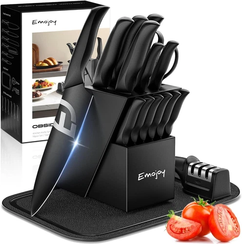Knife Set, 15-Piece Kitchen Knife Set with Block Wooden German Stainless Steel