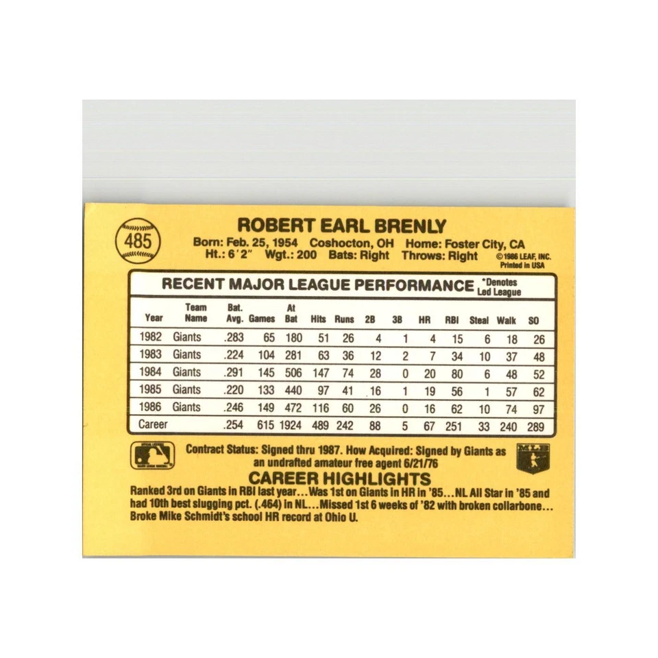 1987 Donruss Bob Brenly Baseball Cards #485 - Image 2 of 3