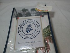 Caribbean Joe Island Supply BLUE PALM Shower Curtain  Hooks Set - Coral, Green