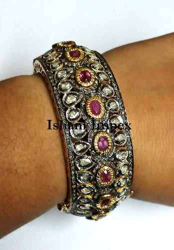 Victorian Natural Diamond & Diamond Polki 925 Sterling Silver Bangle Bracelet - Picture 2 of 7