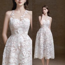 New Luxury Womens White Lace Floral A-Line Dress Long Skirt Evening Party Dress