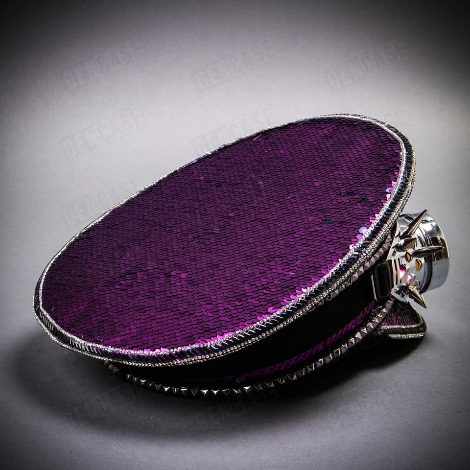紫色亮片蒸汽朋克 BurningMan Captain Hat Chrome Spike Goggle 万圣节帽子 — 第 3/4 张图片