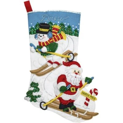 Bucilla Felt Applique Christmas Stocking Kit DOWNHILL SKIERS 18 inch