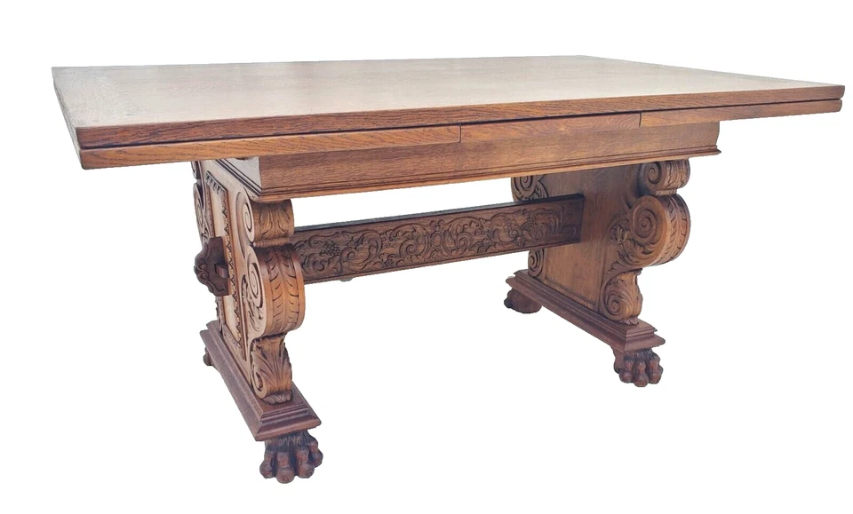 Mesa de comedor antigua de los años 30 de roble tallado ornamentado renacimiento dibujo hoja Foto 3 de 4