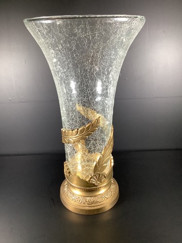 Vintage Art Nouveau Mouth Blown 15” Crackle Glass Vase W/ Ornate Brass Base - Picture 10 of 16