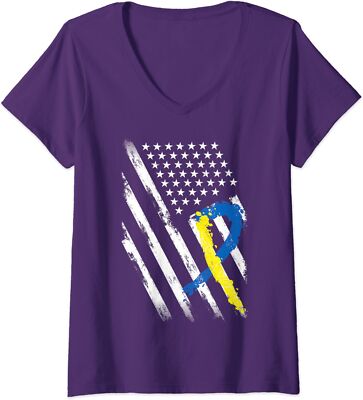 USA Flag Down Syndrome Awareness Down Syndrome Ladies' V-Neck Tshirt