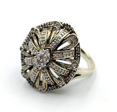 SJ Sterling Silver 925 Vermeil Pave Diamond Ornate Cocktail Ring Sz 10