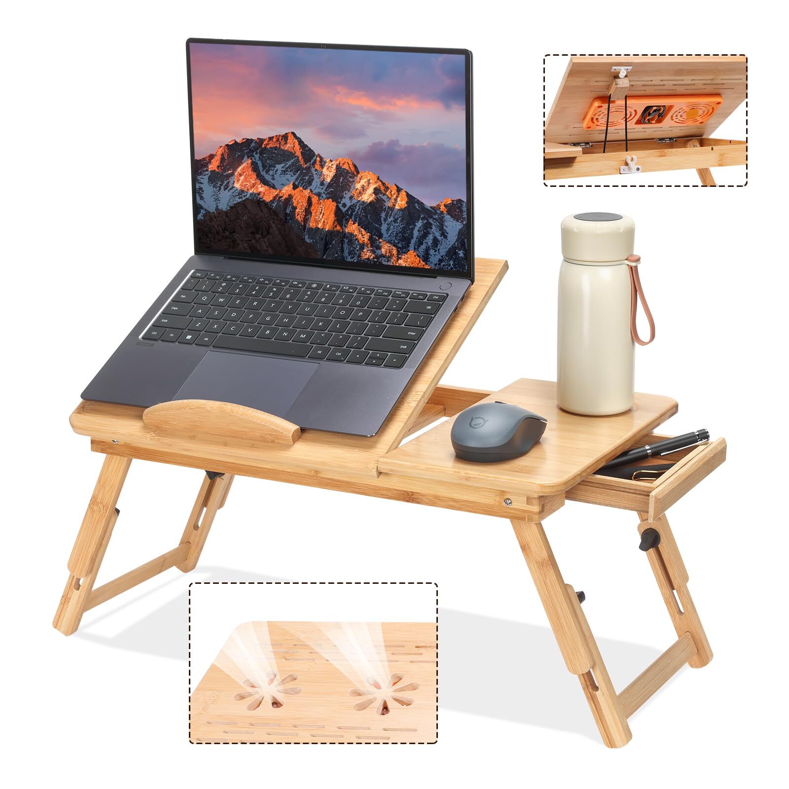 Adjustable Bamboo Laptop Desk with Cooling Fan, Foldable Bed Tray for Breakfa...