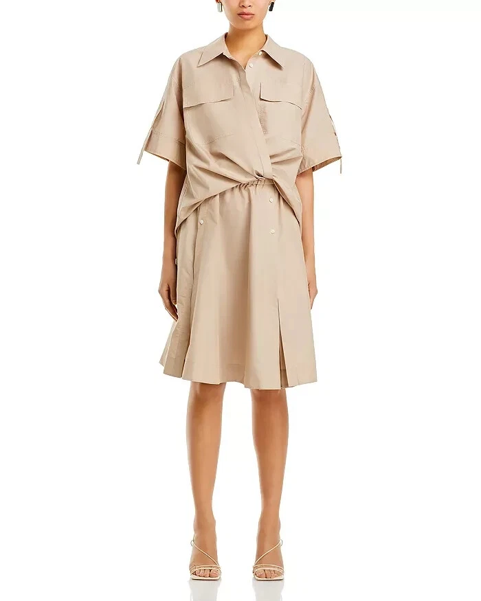 NUEVO, 3.1 Phillip Lim Vestido Camisa Drapeado Manga Corta en Caqui Talla 6 #MD1001 Foto 4 de 4
