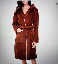 Women Small Brown Fleece Hooded Hoodie Bathrobe Plush Long Robe Sleepwear Pocket
